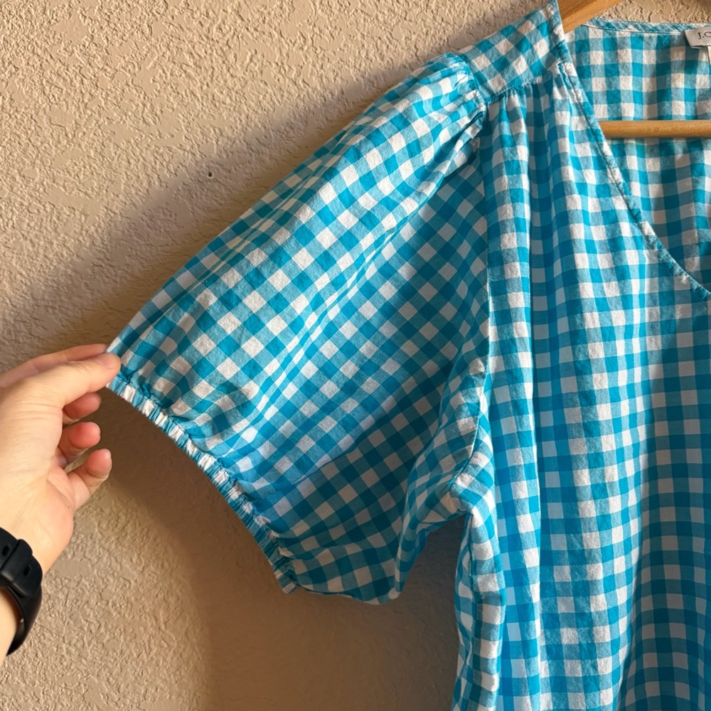 J.CREW Women’s Sz L Blouse Blue White Gingham 100% Cotton Balloon Sleeve V-Neck - Picture 4 of 7